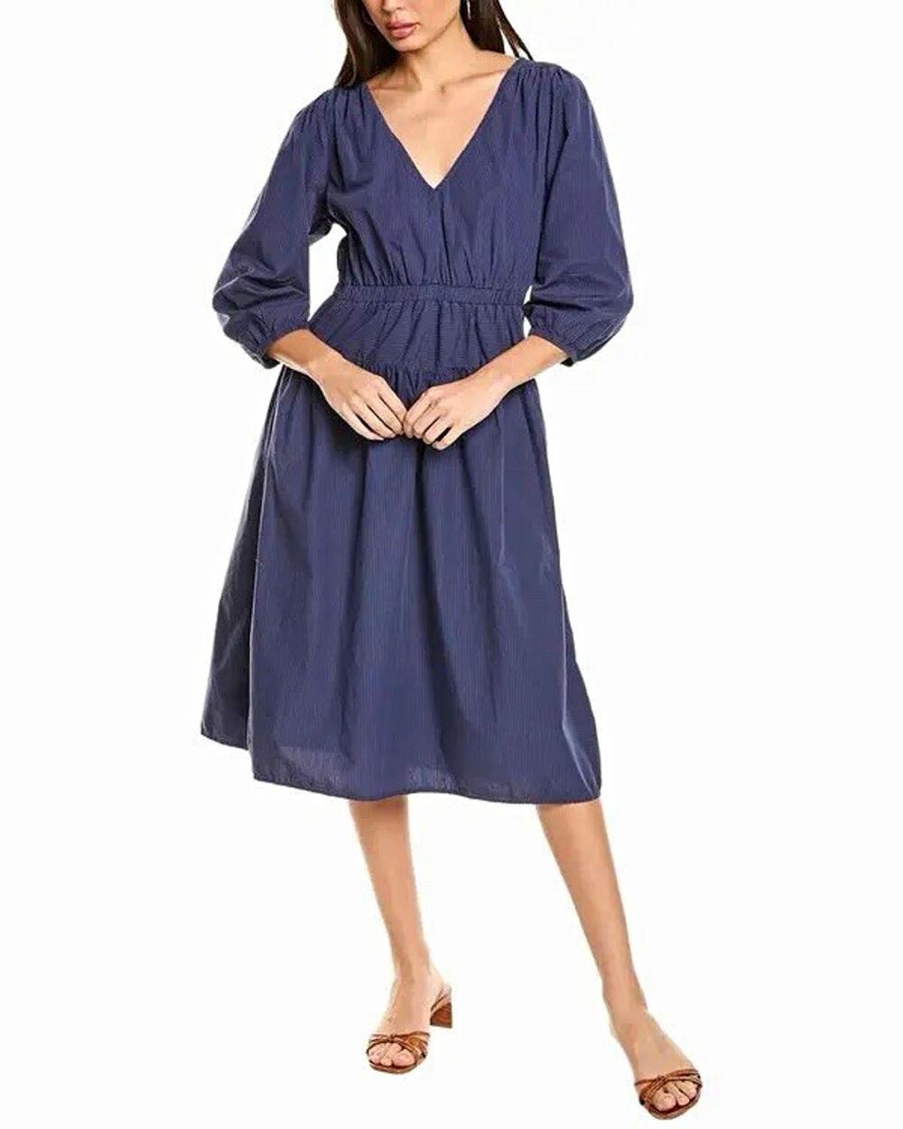 NWT Nation LTD Graciela Blue Striped V-Neck 3/4 Puff Sleeve Pima Midi Dress XL